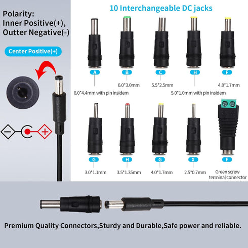 12V 2A Power Adapter Charger AC 12V Regulated Power Supply DC in 12 Volts 2000mA Power Cord with 10 Interchangeable DC Plug for 1A 1.1A 1.2A 1.3A ...