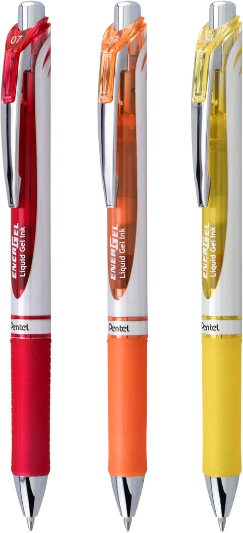 EnerGel RTX Retractable Liquid Gel Pen, Happiness Hue, 0.7mm, Red, Orange and Yellow ink, Pack of 3 Pens (BL77HAPBP3M)...