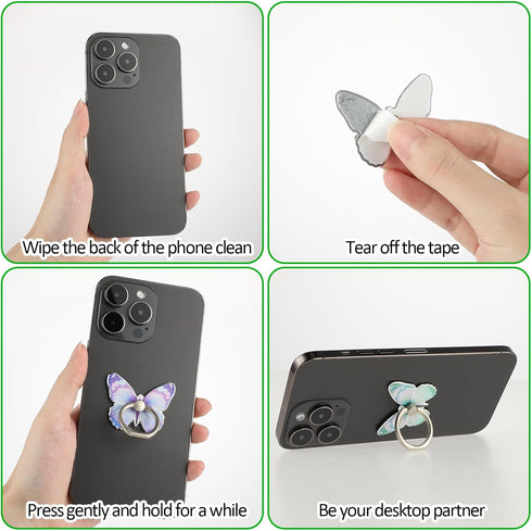 4Pcs Butterfly Phone Ring Stand Colored Cute Butterfly Phone Grip Metal Cell Phone Finger Holder Cellphone Ring Holder Compatible with Phones Tabl...