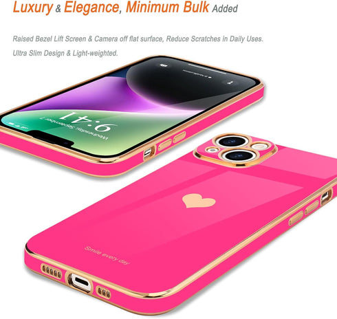 Teageo for iPhone 14 Plus Case for Women Girl Cute Love Heart Luxury Plating Soft Bling Back Cover Raised Full Camera Protection Bumper Silicone S...