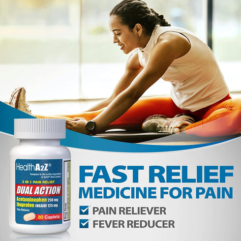 HealthA2Z® Dual Action Pain Relief | 80 Caplets | Acetaminophen 250mg & Ibuprofen (NSAID) 125mg | Contains Two Medicines | Relief from Headache, F...
