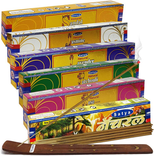 Satya Incense Sticks Variety Pack #1 and Incense Stick Holder Bundle with 6 Natural Series Fragrances...