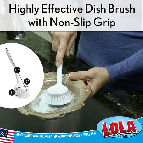 Lola Products Dish Brush w/Scraper, Durable Fiber Non-Scratch Bristles, Ergonomic Non-Slip Grip Handle, for Baked-on & Caked-on Messes, 1 Pack...