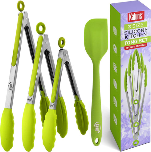 Kaluns Kitchen Tongs for Cooking, Non Stick Silicone Tip Stainless Steel Tongs, Set of Four 7,9, and 12 Inch Tong Plus Silicone Spatula Non-stick,...