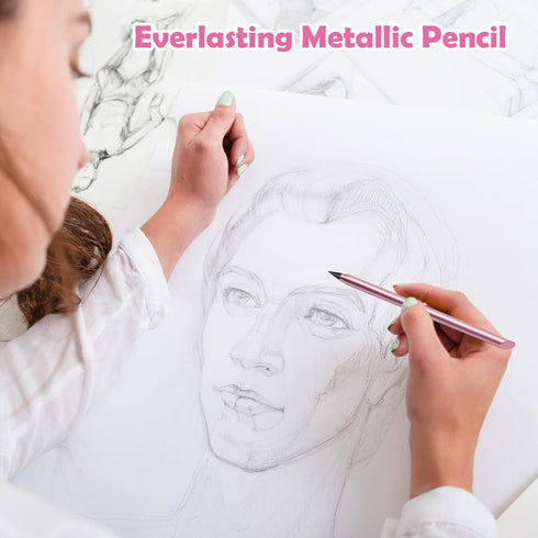 2Pcs Everlasting Metallic Pencil, Reusable Metal Inkless Pencil with 4 Replacement Nibs/Eraser, Metal Eternal Pencil Unlimited Writing Erasable In...