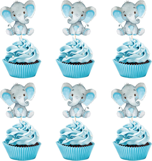 Double Sided Blue Baby Elephant Cupcake Toppers Birthday Party or Baby Shower Food Picks Decor and Party Supplies,Set of 24...