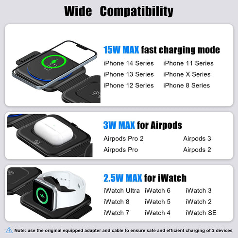 Wireless Charger 3 in 1 with Adapter and Travel Case,Fast Wireless Charging Station,Wireless Charging Pad Compatible with iPhone 14/13/12/11 Serie...