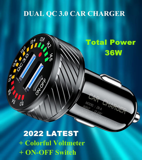 BARCOVAN Car Charger, Dual QC3.0 Port USB Car Charger Adapter, 36W 3A Fast Charge Car Phone Charger with Colorful Voltmeter & ON/Off Switch...