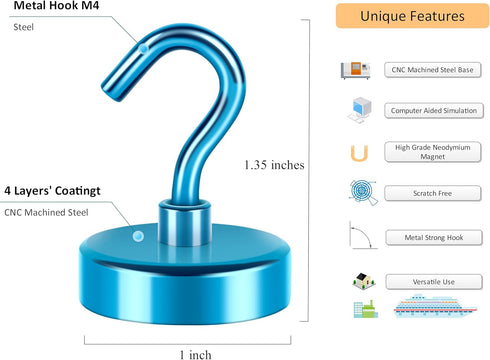 Neosmuk Magnetic Hooks Heavy Duty,Strong Magnet with Hook for Fridge, Super Neodymium Extra Strength Industrial Hooks for Hanging, Magnetic Hanger...