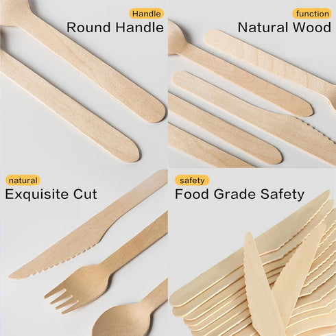 Disposable Wooden Forks 100Pcs, 6.5" Length Compostable Wood Cutlery Sharp Knife Utensils Eco-Friendly Flatware for Party Eating Cake Chocolate Se...