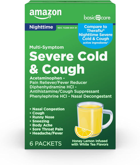 Amazon Basic Care Nighttime Severe Cold, Flu and Cough Suppressant Medicine Powder, Pain Reliever/Fever Reducer, Nasal Decongestant, Antihistamine...
