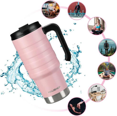 HAUSHOF 24 oz Travel Mug, Stainless Double Wall Vacuum Insulated Tumbler with Handle & Spill Proof Twist On Flip Lid and Wide Mouth, BPA Free (Pin...