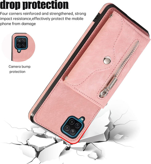 Phone Case for Samsung Galaxy A12/M12 Wallet Cover with Wrist Crossbody Strap Shoulder Lanyard Credit Card Holder Stand Leather Cell Accessories A...