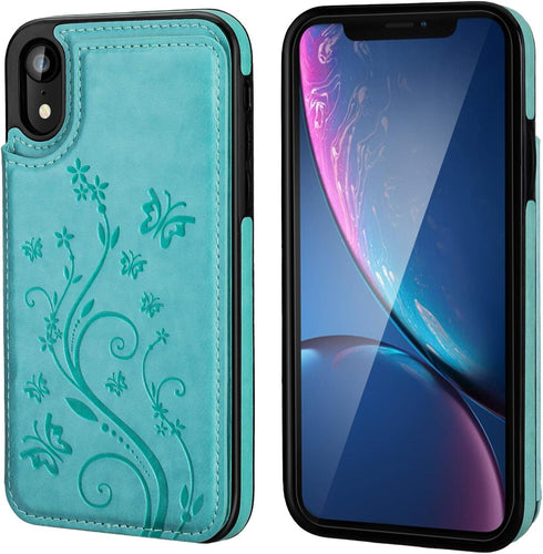 Vaburs for iPhone Xr Case Wallet with Card Holder, Embossed Butterfly Premium PU Leather Double Magnetic Buttons Flip Shockproof Protective Case C...
