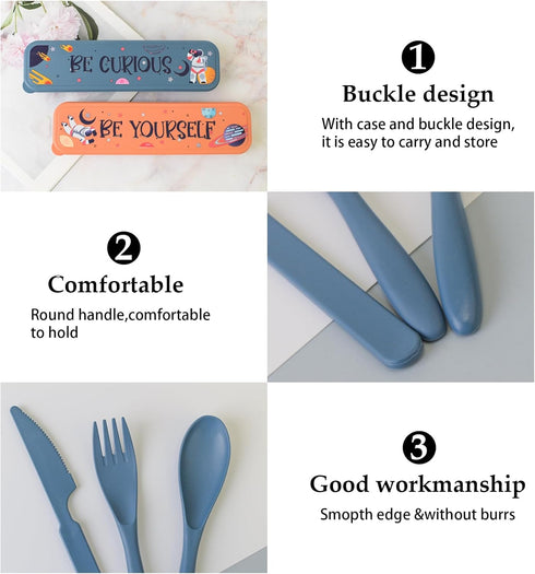 4 Sets Travel Utensils with Case - Astronauts Travel into Space, Wheat Straw Reusable Utensils Set with Case Portable Utensils Set with Case for T...