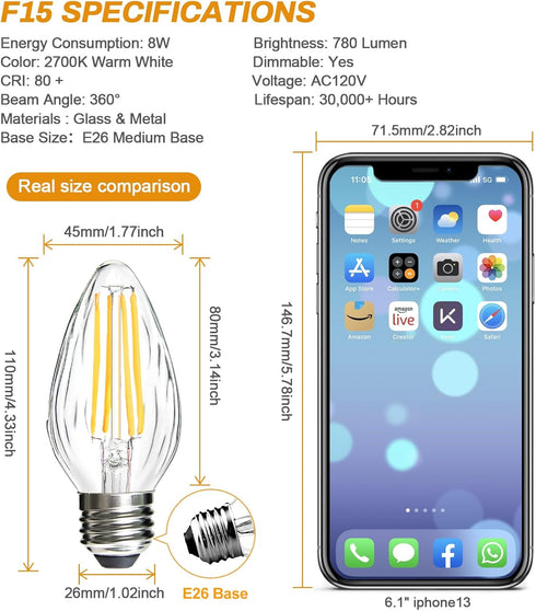 BRIMAX F15 8W Led Porch Light Bulb Outdoor, E26 Medium Base LED Post Bulb for 75W - 80W Incandescent Equivalent,Dimmable 2700K Warm White Flame Wr...
