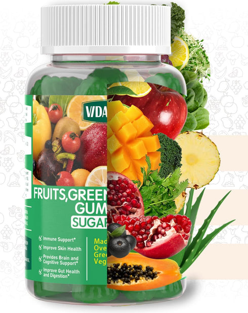 Sugar-Free Fruit and Veggie Gummies — 35+ Greens, Fruit and Vegetable Vitamins to Boost Immunity, Skin & Gut Health — Ideal Fruit and Vegetable Su...