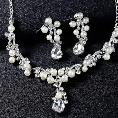 Bride Crystals Rhinestones Pearls Necklace Earrings Set Bridal Wedding Jewelry Sets Rhinestone Choker Necklace Prom Party Costume Jewelry Set for ...