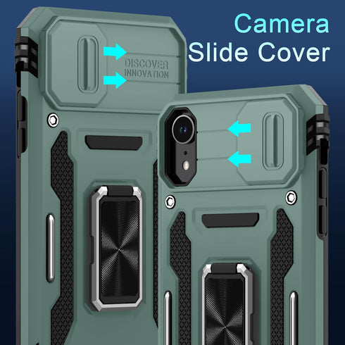 DEERLAMN for iPhone XR Case with Slide Camera Cover+Screen Protector (1 Pack),Rotated Ring Kickstand Military Grade Shockproof Protective Cover 6....