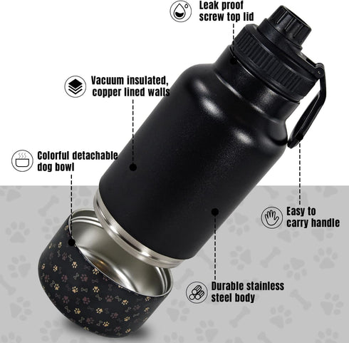 AGH Dog Water Bottle, 32oz Portable Dog Water Bottle with Detachable Bowl Food Feeding, Double Wall Vacuum Flask Stainless Steel Dog Travel Water ...