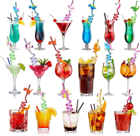 Reusable Drinking Straws Novelty Dinosaur Party Straw Curly Hard Plastic Straws Kids Birthday Party Decorations Supplies Family Reunion Favors - P...