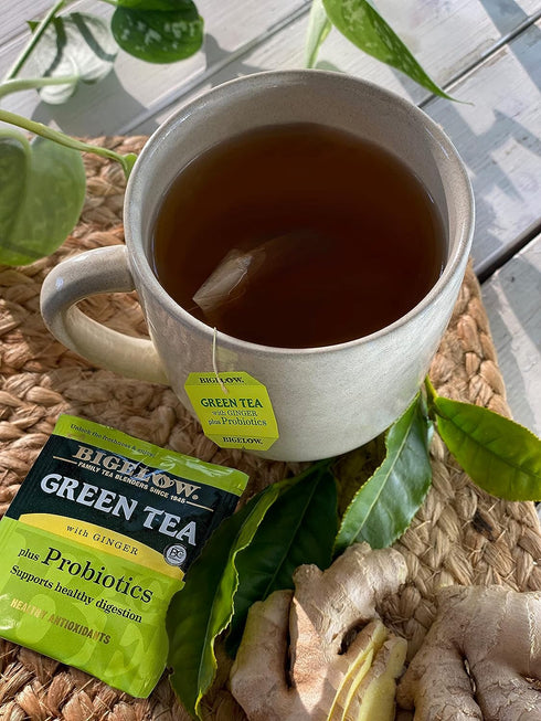 Bigelow Tea Green Tea with Ginger Plus Probiotics, Caffeinated Tea with Ginger, 18 Count Box, (Pack of 6), 108 Total Tea Bags...