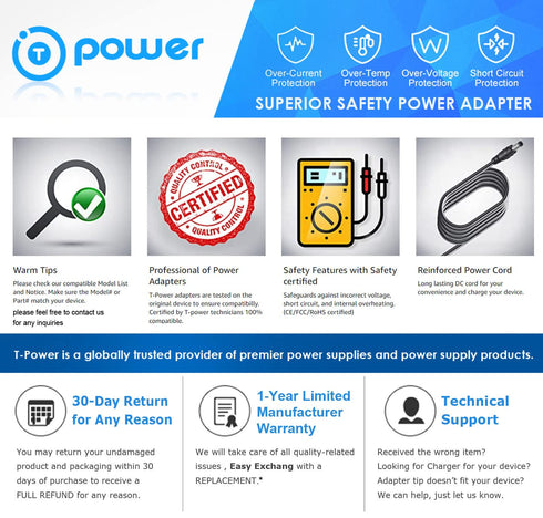 T-POWER Charger for Renpho RP-EM-2020C EM-2016C 2016 RF-EM2018C EM-2018C Cordless Hand Held Deep Tissue Percussion Massager Ac Dc Adapter Power Su...