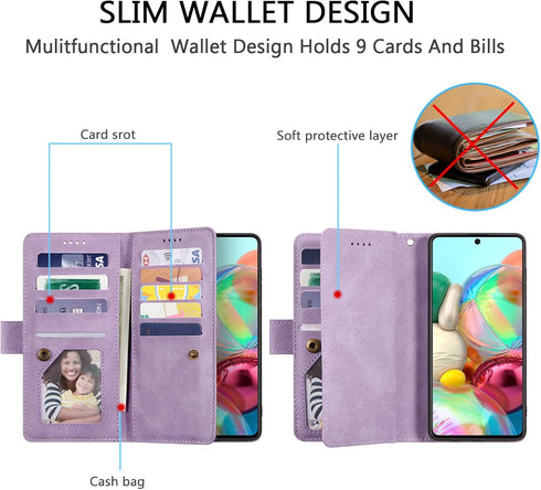 EYZUTAK Wallet Phone Case for Samsung Galaxy A51(4G), Retro Matte 9 Card Holder Slots Zipper Pocket Case PU Leather Magnetic Closure Kickstand wit...