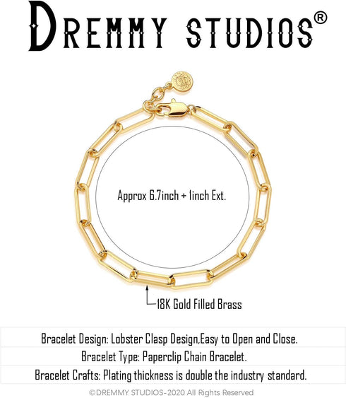 Dremmy Studios Gold Bracelet for Women 18K Gold Plated Dainty Paperclip Cubic Zirconia Disc Coin Star Cable Satellite Bead Pearl Simple Boho Minim...