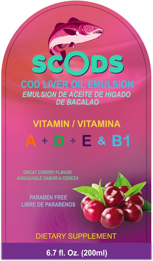 Emulsion de Scods Cereza Cod Liver Oil Emulsion Cherry 200ml Vitamin A + D + E & B1...