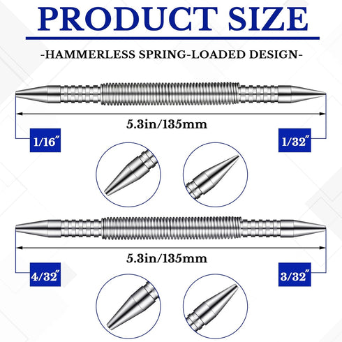 2 Pieces Spring Loaded Nail Set Spring Nail Punch Hammerless Trim Combination Tool Kit 1/32 Inch, 2/32 Inch, 3/32 Inch, 4/32 Inch Tools for Carpen...