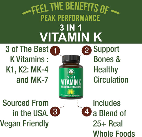 Vitamin K with Whole Food Blend of 25+ Vegetables and Fruits for Max Absorption. Vegan Capsules Supplement. Vitamins K1, K-2 MK4 + K2 Natto MK7. A...