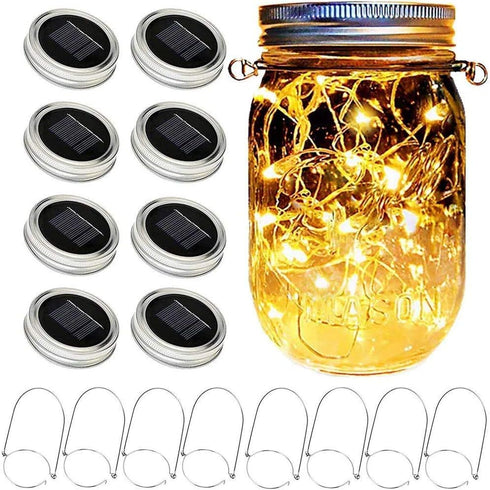 Solar Mason Jar Lights, 8 Pack 15 LED Waterproof Fairy Firefly Jar Lids String Lights with Hangers(NO JARS), Patio Yard Garden Wedding Easter Deco...
