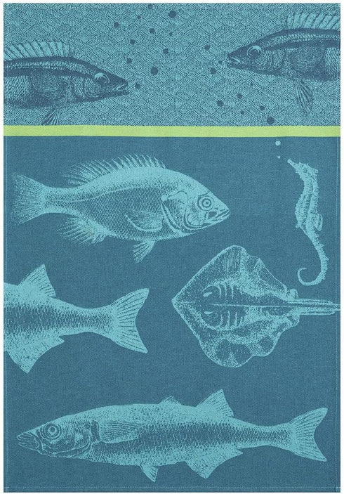 French Cotton Jacquard Towel, Banc De Poissons (School of Fish) Bleu, 20-Inches by 30-Inches, Turquoise...