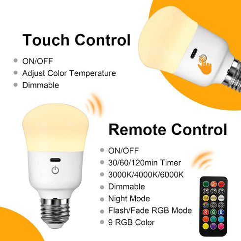Rechargeable Light Bulb, with Remote Control, 50W Equivalent, Battery Operated LED Bulbs, Backup Puck Emergency Light for Home or Outdoor, 3 Color...