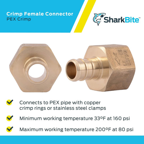 SharkBite 1/2 x 1/2 Inch FNPT Crimp Adapter, Pack of 5, Brass Plumbing Fitting, PEX Pipe, PE-RT, UC072LFA5...
