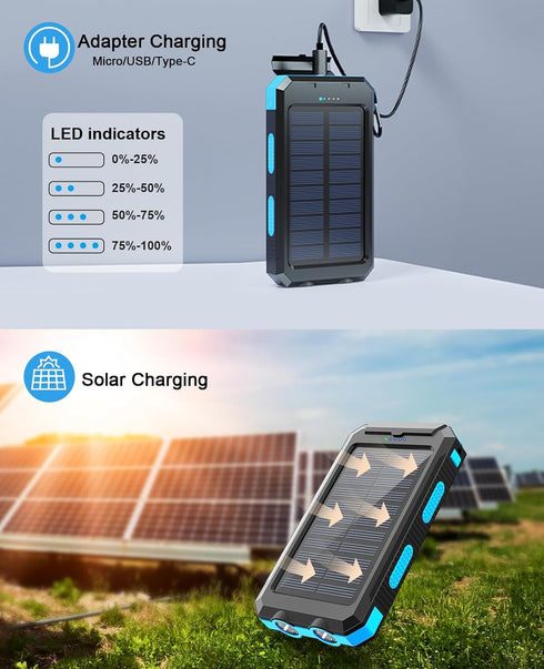 ERRBBIC Solar Power Bank, Portable Charger 38800mah, Waterproof Battery Backup Charger, Solar Panel Charger with Dual LED Flashlights, Suitable fo...