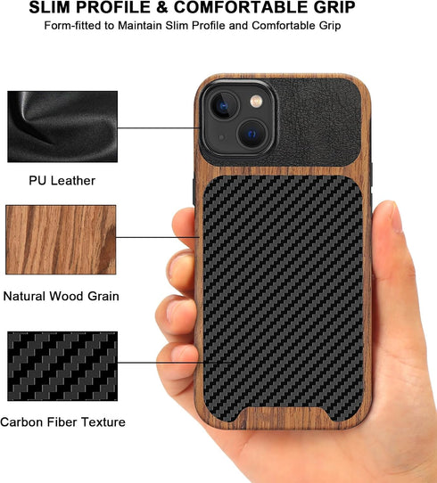 TENDLIN Compatible with iPhone 15 Case Wood Grain with Carbon Fiber Texture Design Leather Hybrid Slim Case (Black)......