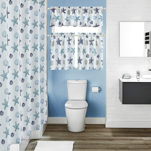 Kitchen Valances for Windows 54" x 15" Multicolor Starfish Seashell Conch Window Valances for Living Room/Kitchen/Bathroom, Rod Pocket, Blue...