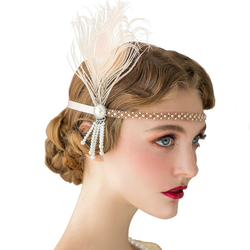 SWEETV 1920s Headpiece Flapper Headband, Pearl Peacock Feather Hair Band, Great Gatsby Accessoreis for Women, Blush Pink...
