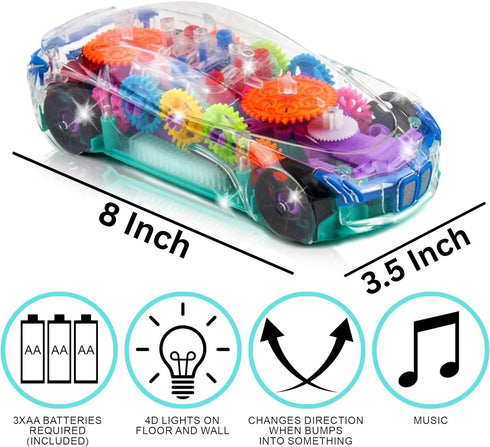 ArtCreativity Light Up Transparent Sensory Car Toy for Kids, 1PC, Bump and Go Toy Car with Colorful Moving Gears, Music, and LED Effects, Fun Educ...