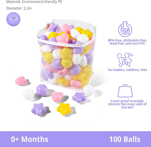 Ball Pit Balls Stars for Toddlers- 100 Pack 3 Shapes Balls Stars and Hearts for Ball Pit Playroom Playpen, Non-Toxic Plastic Toy Balls Shower Part...
