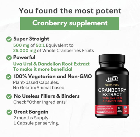 Cranberry Extract Pills - Super Strength 50:1 Whole Fruit Concentrate Equals to 25,000mg of Fresh Cranberries Plus Dandelion & Uva Ursi - Natural ...