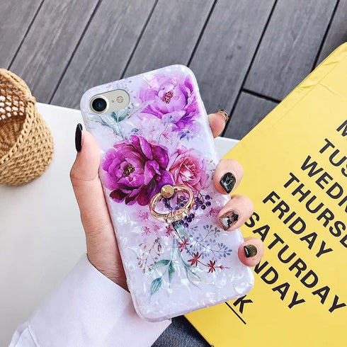 Qokey Compatible with iPhone SE Case 2022/2020,for iPhone 7/8 Cases 4.7 inch Flower Cute Fashion Design for Women Girls 360 Degree Rotating Ring K...