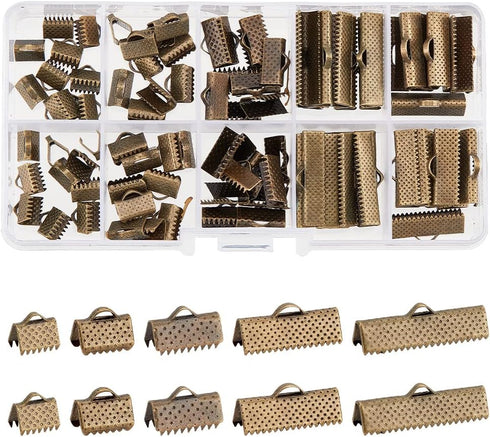 PH PandaHall 100Pcs Assorted Sizes of Antique Bronze Ribbon Clamp End Crimps Bracelet Bookmark Leather Pinch Crimps Sets Size 8-25x6-8x5mm in Box ...