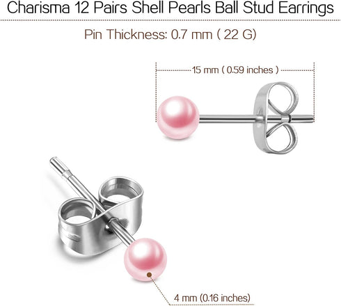 Charisma 4mm Composite Pearl Earrings Round Ball Pearls Stud Earrings Hypoallergenic 12 Pairs Mixed Color Imitation Pearl Earrings Set for Women...