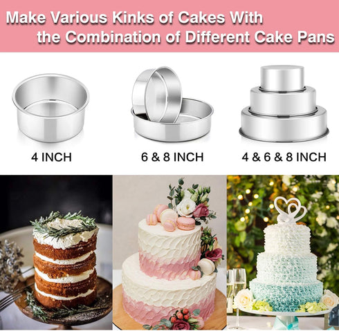 P&P CHEF Cake Pan Set of 3, 4" + 6" + 8" Round Baking Layer Tier Cake Pans Tins, Stainless Steel Bakeware for Birthday Weeding, Heavy Duty & Non T...