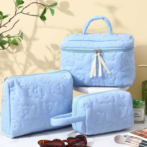 3 Pieces Cotton Quilted Makeup Bag Set Coquette Cosmetic Bag Aesthetic Travel Toiletry Bags Cute Pouch Kawaii Aesthetic for Women (Blue Flower)...