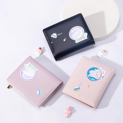 Sunwel Fashion Girls Cute Astronaut Bear Bunny Print Tri-folded Wallet Small Wallet Cash Pocket Card Holder ID Window for Women (PINK)...