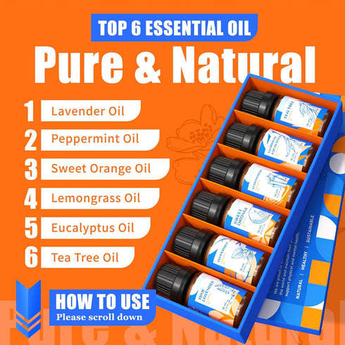 HIQILI Essential Oils for Diffusers for Home?Top 6 Gift Essential Oil Set?Include Lavender, Orange, Peppermint, Tea Tree, Eucalyptus, Lemongrass?B...